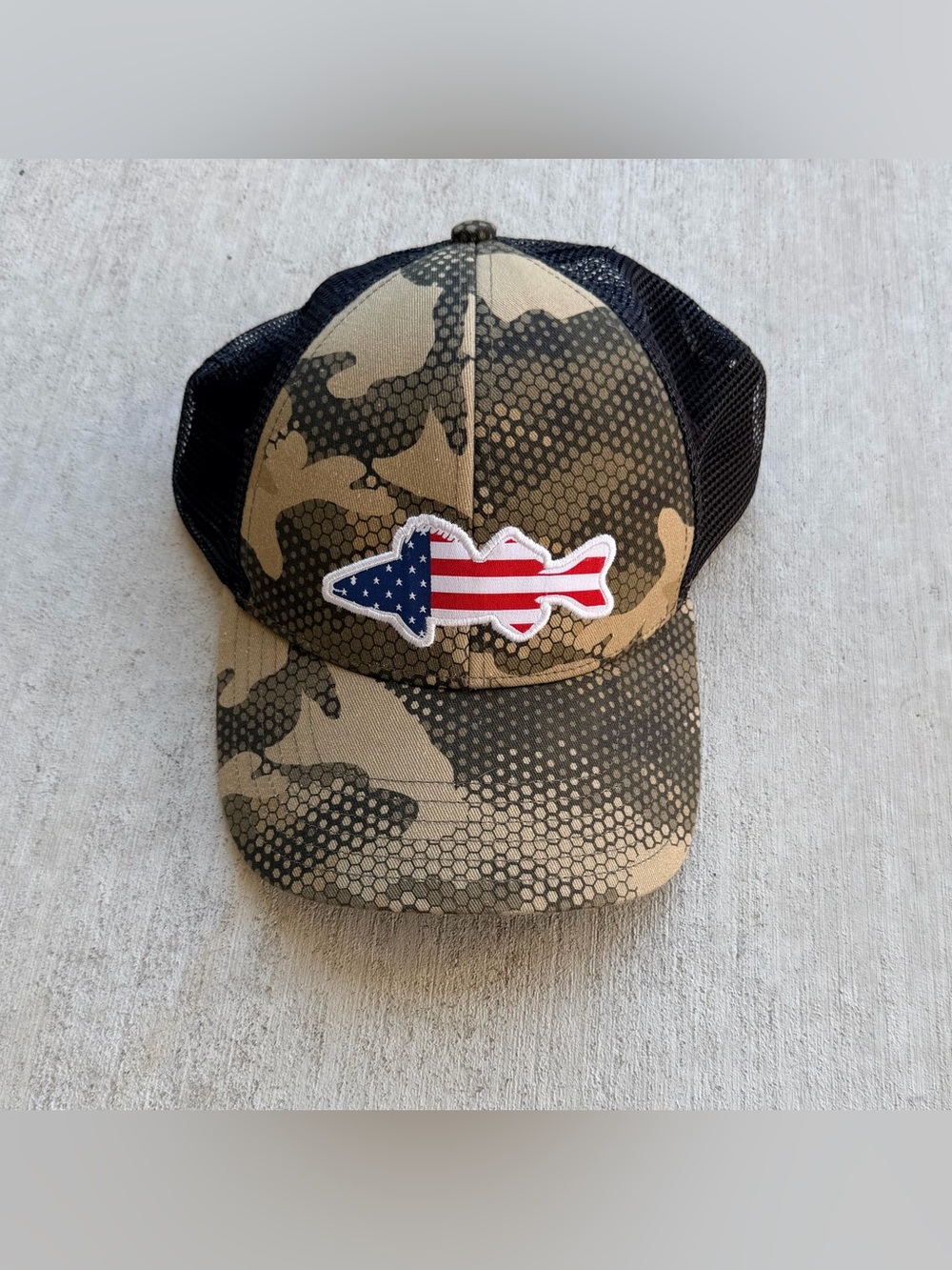 Simms Walleye Trucker Hat Hex Flo Timber Camo USA Flag